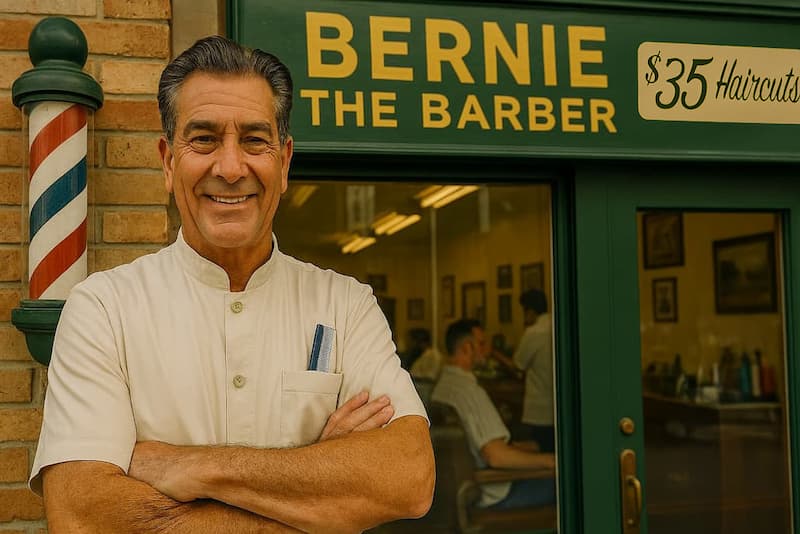 Bernie the Barber in front of his shop