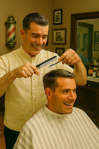 bernie the barber cutting customers hair.